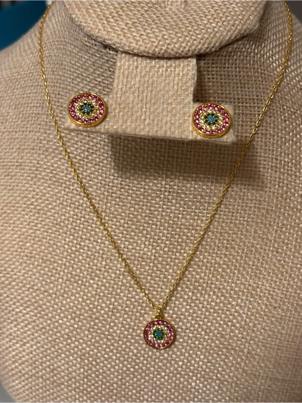 kate spade Gold Necklace and Earring Set with Pink and Green Crystals
